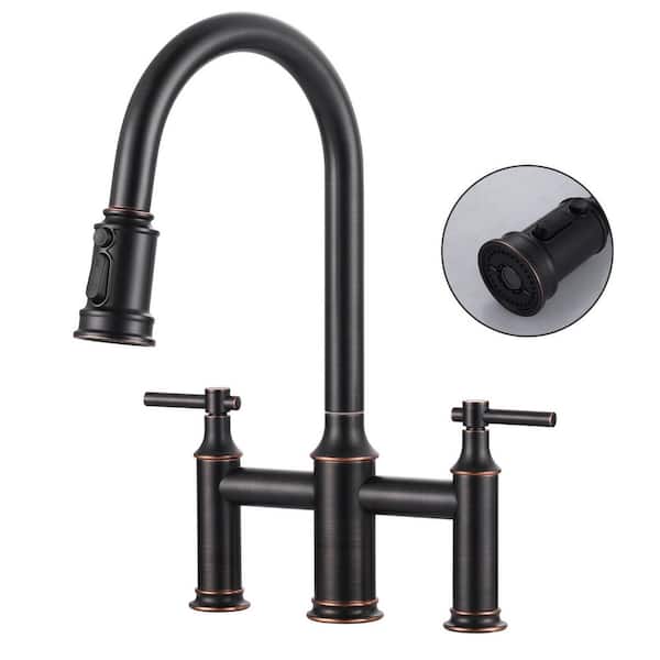 Brass Double Handles High Arc Bridge Kitchen Faucet with 3-Spray Modes Pull Down Sprayer and in Oil Rubbed Bronze