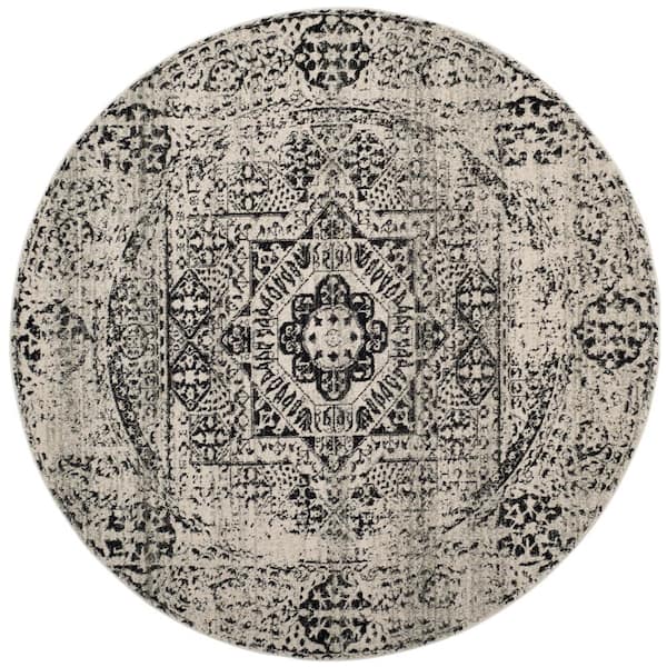 Evoke 5 ft. x 5 ft. Ivory/Black Distressed Medallion Round Area Rug