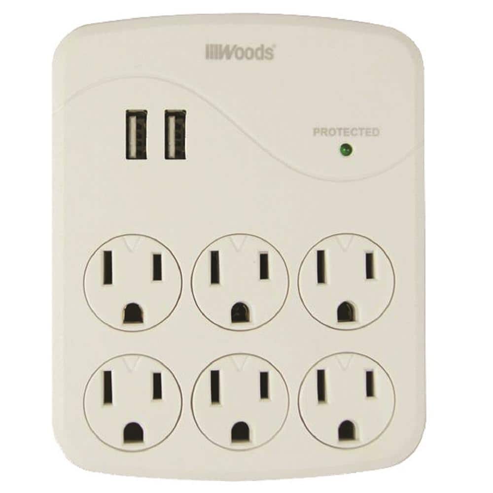 White 6-Outlet Surge Protector with 2 USB Ports