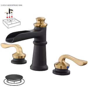 8 in. Waterfall Widespread 2-Handle 3 Holes Bathroom Faucet With Metal Drain in Spot Resist Black Gold