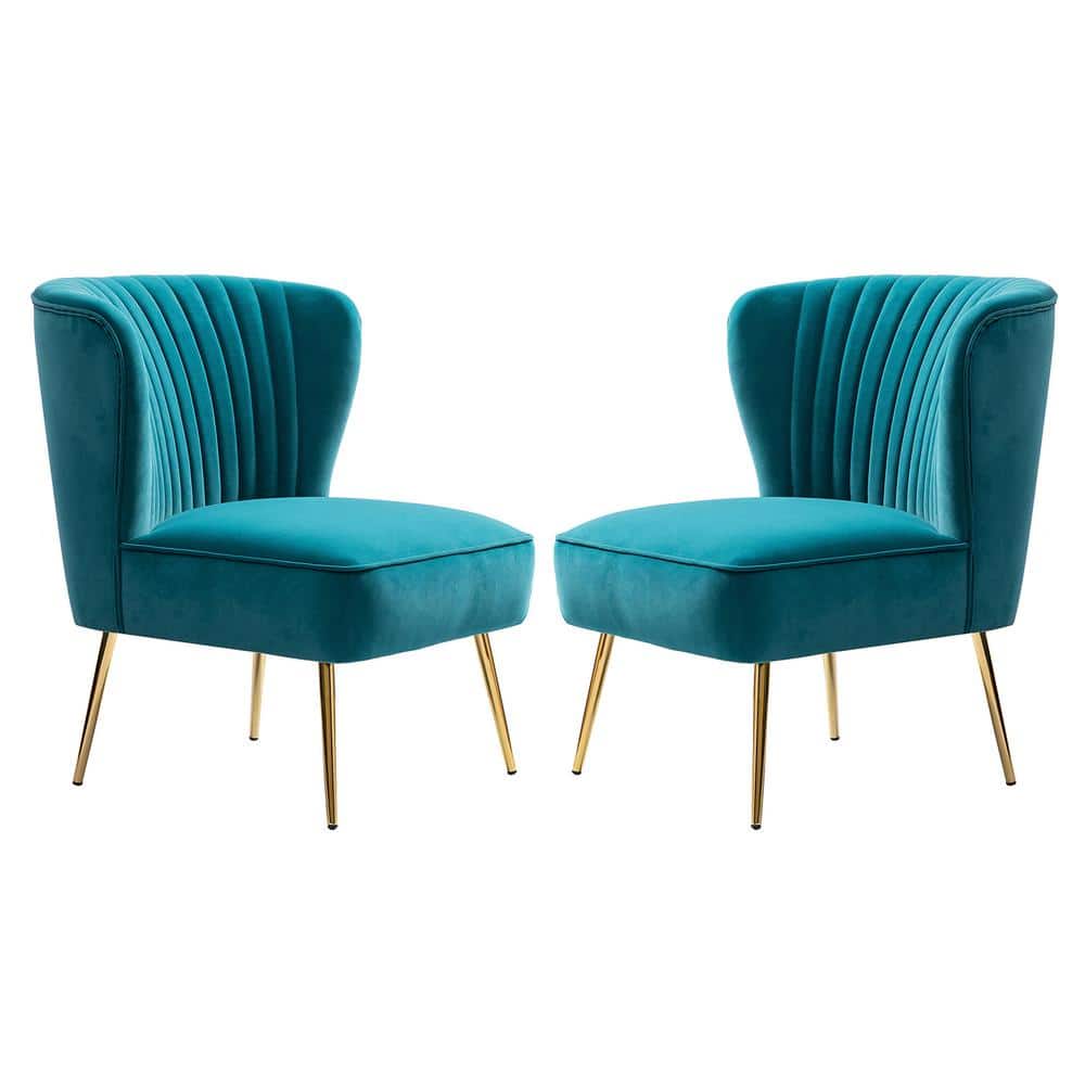 Elegant Blue Velvet Accent Chair Set with Gold Legs