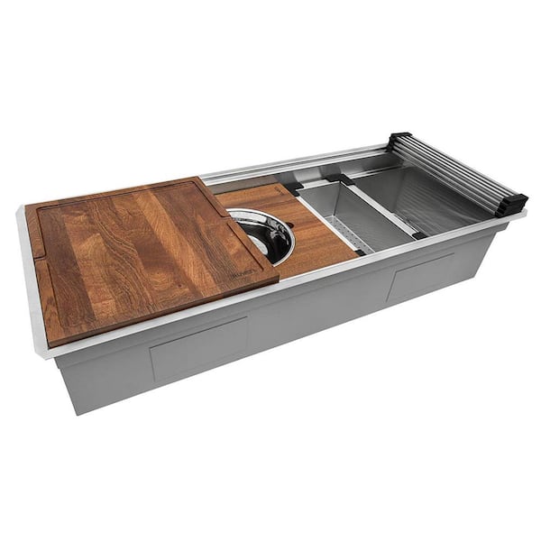 Ruvati Dual Tier 69 in. Undermount 16-Gauge Single Bowl Stainless Steel Workstation Two-Tiered Kitchen Sink with Accessories