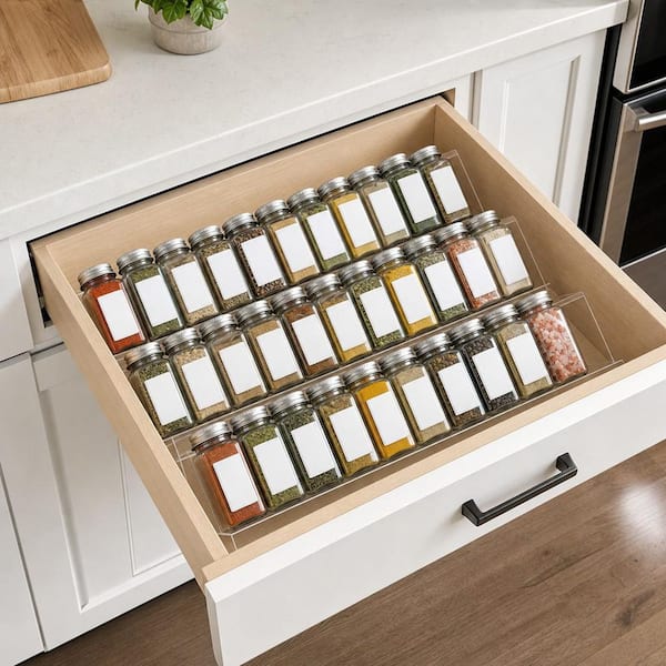 4-Tier Clear Acrylic Expandable Drawer and Countertop Spice Rack Organizer