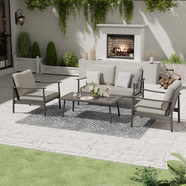 EGEIROSLIFE 4-Person Aluminum Outdoor Patio Conversation Set with Loveseat, Webbing Chair Back and Gray Cushions