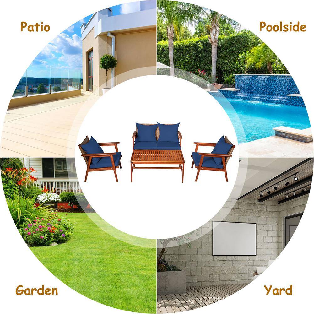 Navy Acacia Wood and Rattan 4-Piece Outdoor Patio Set