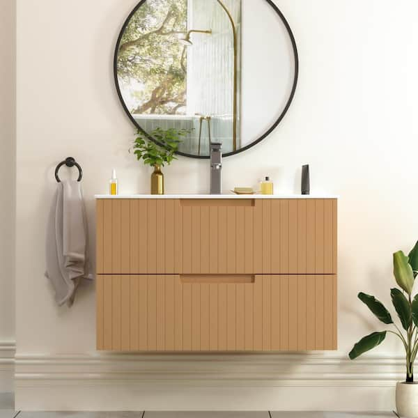 18.25 in. W x 29.75 in. D x 19.25 in. H-1 Sink Wall Mounted Bath Vanity in Brown with White Ceramic Top and 2-Drawers