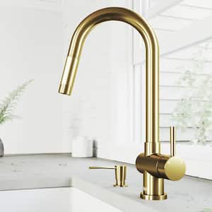 Gramercy Single Handle Pull-Down Spout Kitchen Faucet Set with Soap Dispenser in Matte Brushed Gold
