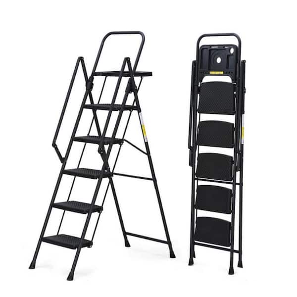 Tidoin 5.9 ft. White Steel Folding 5 Step Ladder (9.9 ft. Reach), 500 lb. Load Capacity