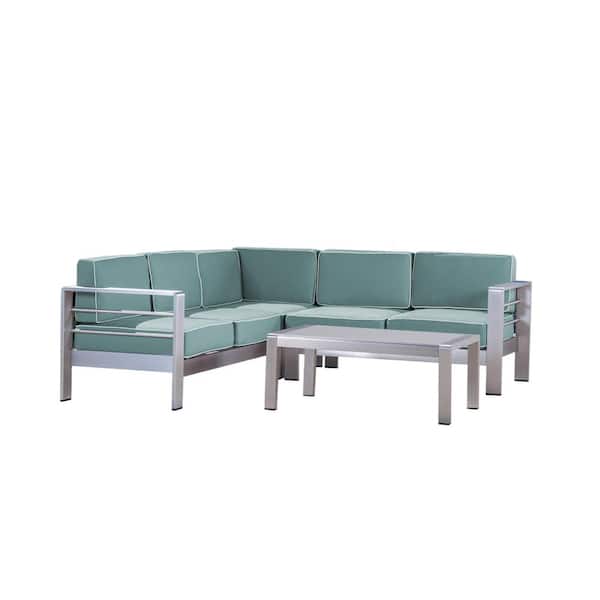 Noble House Cape Coral Silver 4-Piece Metal Patio Sectional Seating Set with Canvas Spa Sunbrella Cushions