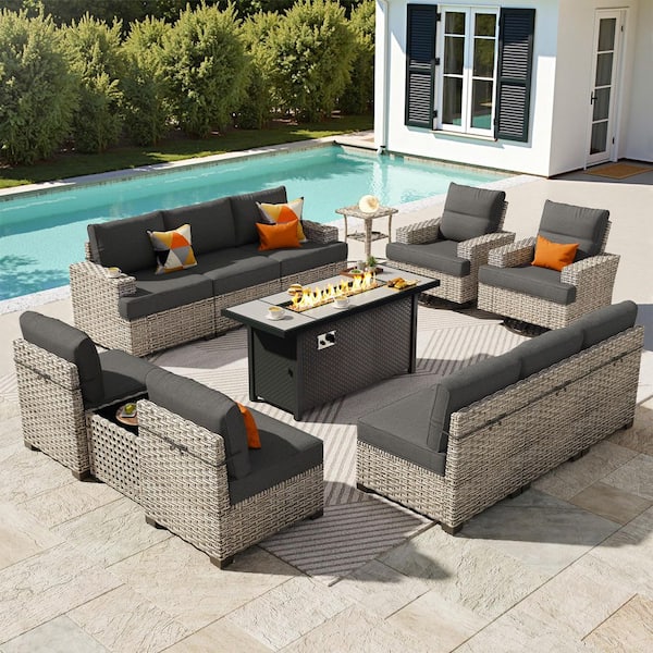 Canterbury Bell 13 Pieces Wicker Outdoor Patio Rectangular Fire Pit Set and Swivel Rocking Chairs with Black Cushions
