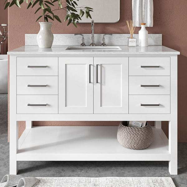 Magnolia 48 in. Single Sink Freestanding Bathroom Vanity in White with 0.75 in. Carrara White Marble Top
