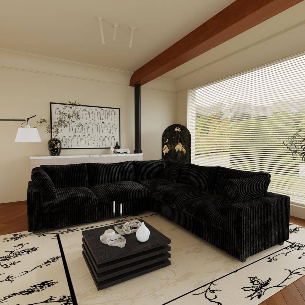 J&E Home 5-Piece Black Faux Rabbit Fur Fabric Deep Seat Modular