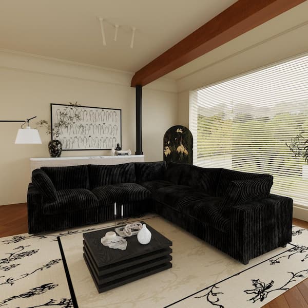 5-Piece Black Faux Rabbit Fur Fabric Deep Seat Modular Sectional Sofa Living Room Set with Removable Washable Covers