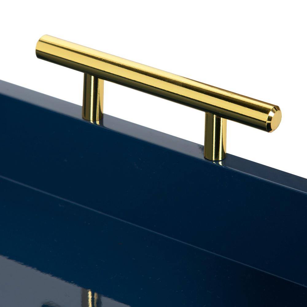 Navy Blue Rectangular Wood Accent Tray with Metal Handles