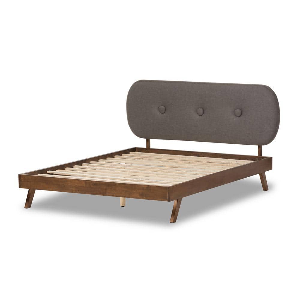 Penelope King-Size Walnut Wood Frame with Grey Tufted Upholstery Bed