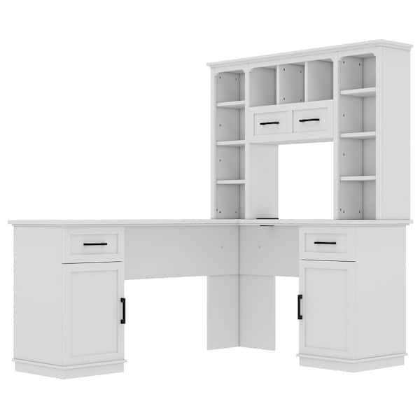 Modern 65 in. L-Shaped White Wood 2-Drawer Computer Desk with Storage and Charging Station