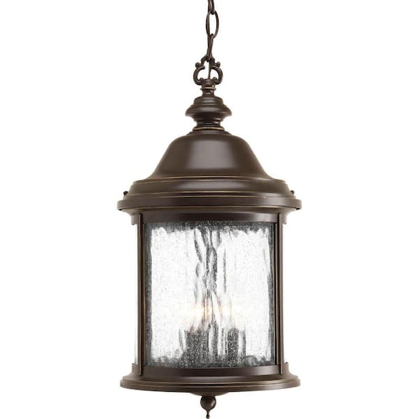 Progress Lighting Ashmore Collection 3-Light Antique Bronze Water Seeded Glass New Traditional Outdoor Hanging Lantern Light