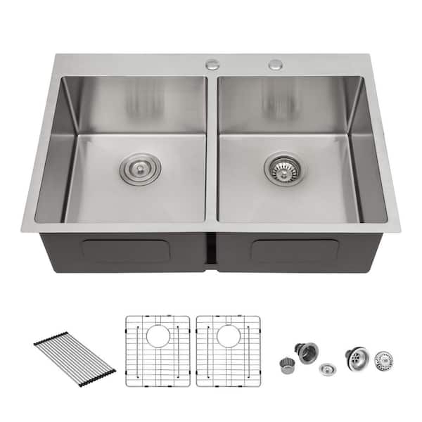 Qidian 33 in. Drop in Double Bowl (50/50) 16-Gauge Brushed Nickel Stainless Steel Kitchen Sink with Bottom Grids