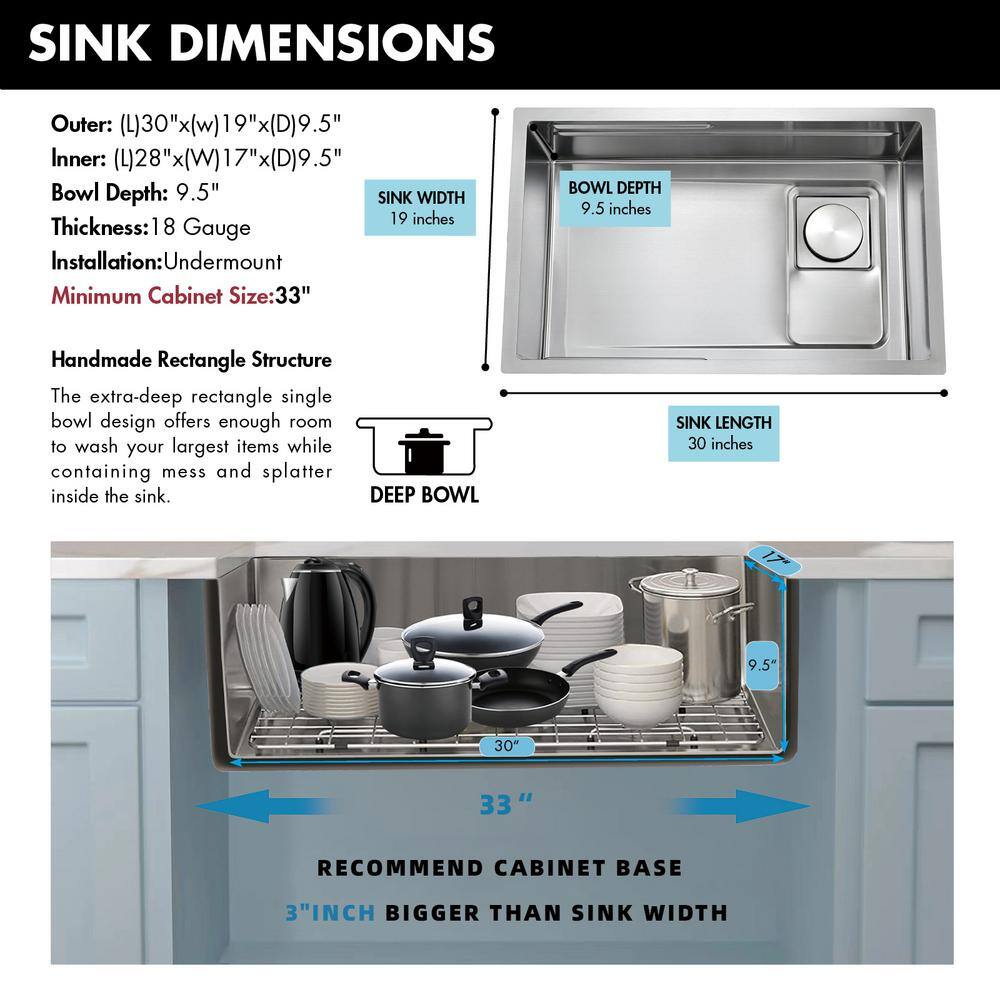 30'' Brushed Stainless Steel Undermount Single Bowl Kitchen Sink