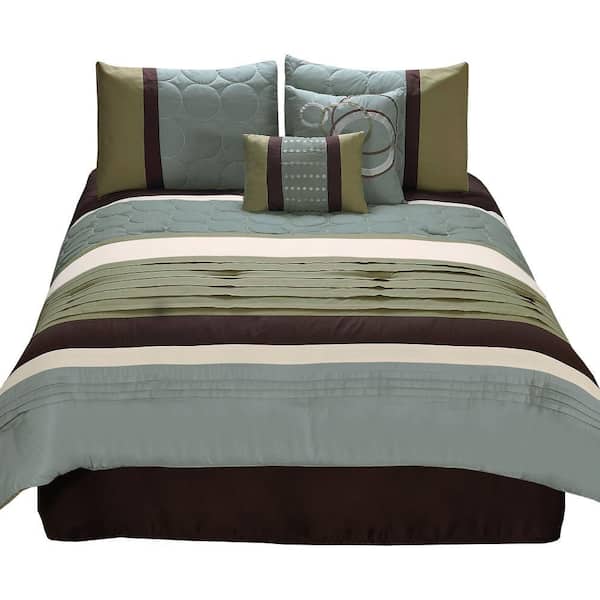 Benjara 6-Piece Green and Blue Solid Print Microfiber King Comforter Set
