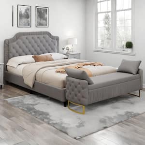 Eloise Gray Wood Frame King Size Modern Velvet Platform Bed with Storage Ottoman and Tufted Headboard