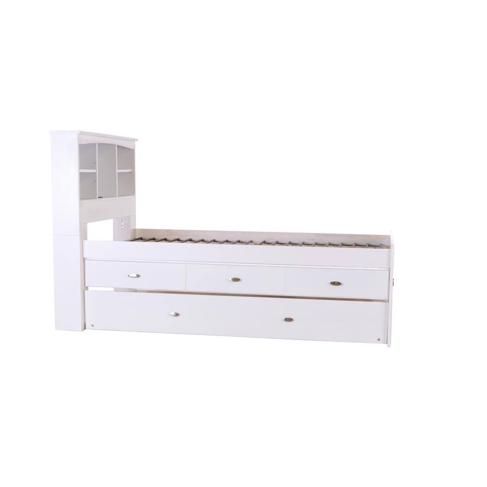 Casual White Twin Captain's Bookcase Bed with Trundle and Storage