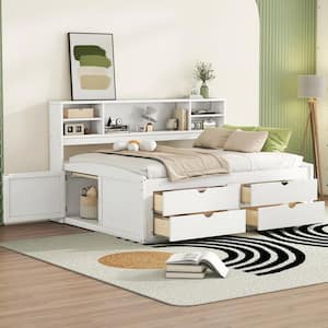 White Wood Frame Full Size Daybed with 2-Bedside Cabinets, 4-Storage Drawers, Upper Shelves