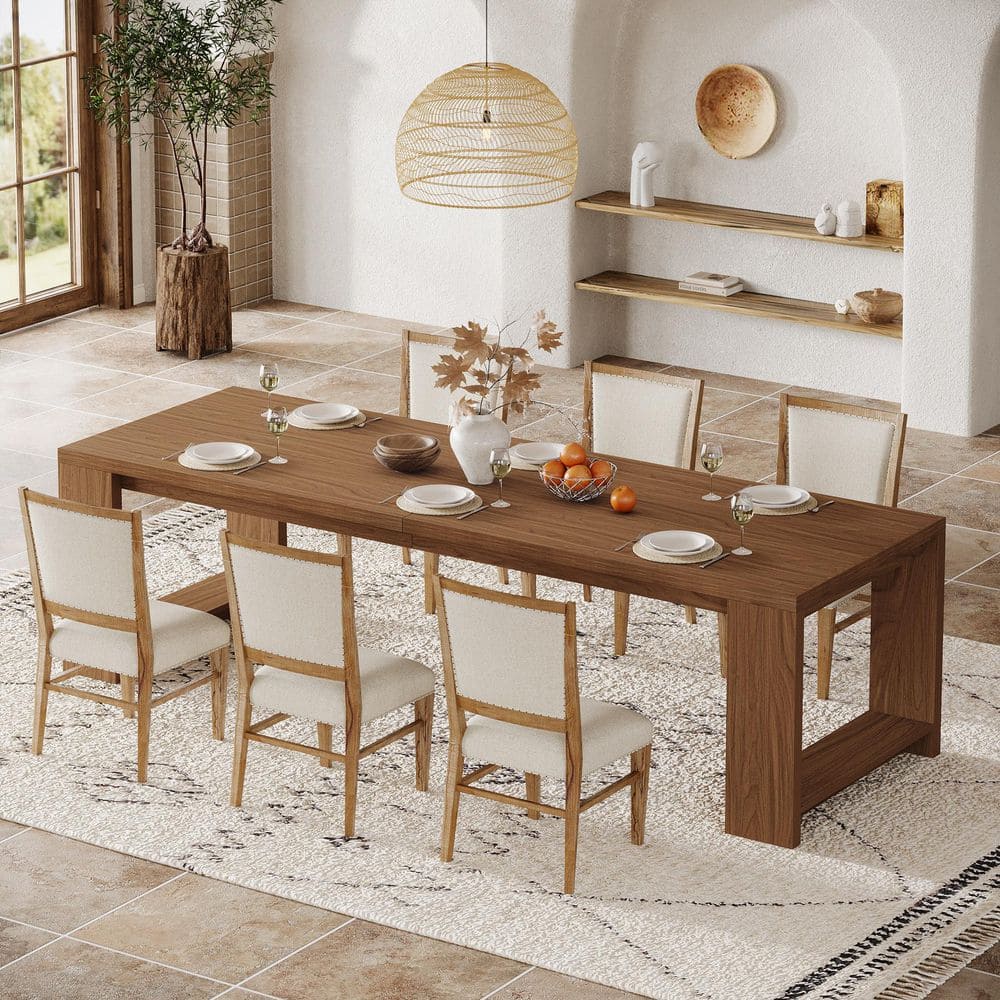 Extra Long Walnut Rectangular Wood 86.61 in. 4 Legs Dining Table Seats 6-8, Farmhouse NarrowTable with Pedestal Base