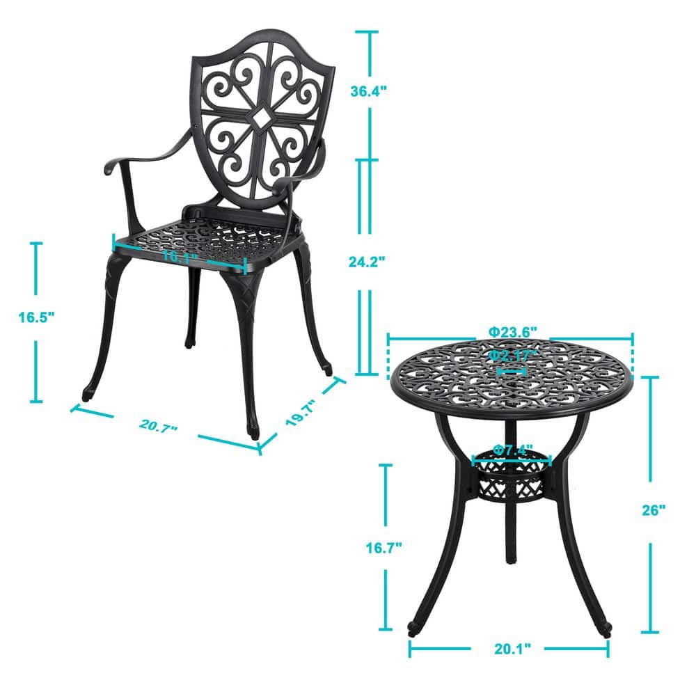 Black Cast Aluminum 3-Piece Vintage Bistro Set with Floral Design