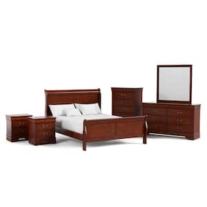 6-Piece Burkhart Cherry Wood Queen Bedroom Set with Dresser and Mirror