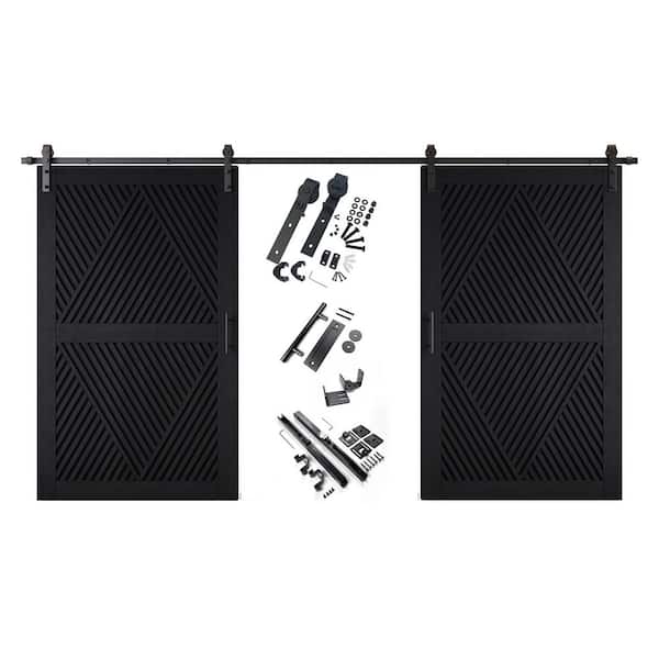LT 50 in. x 84 in. C-Panel Black Diamond Design Double Pine Wood Sliding Barn Door with Hardware Kit