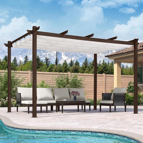 PURPLE LEAF 10 ft. W x 13 ft. D Outdoor Bronze Aluminum Pergola with White Adjustable UV Resistant Sun Shelter Canopy for Garden