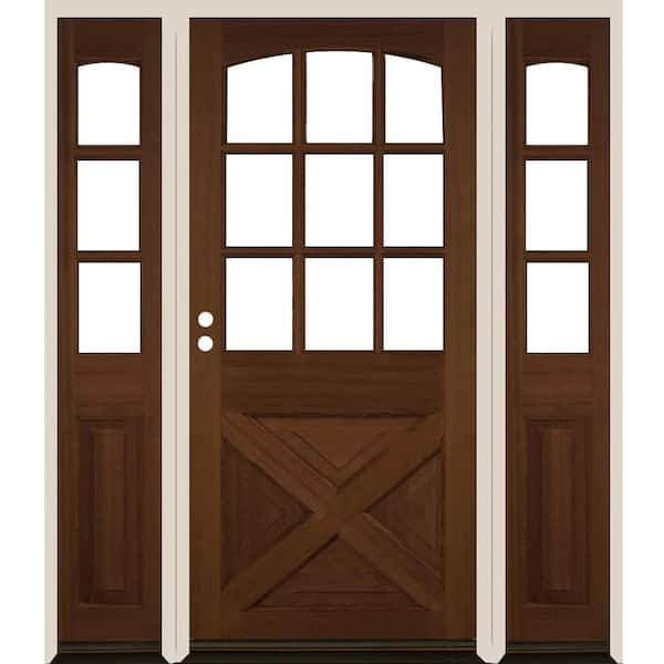 Krosswood Doors 64 in. x 80 in. Farmhouse X Panel RH 1/2 Lite Clear Glass Provincial Stain Douglas Fir Prehung Front Door with DSL