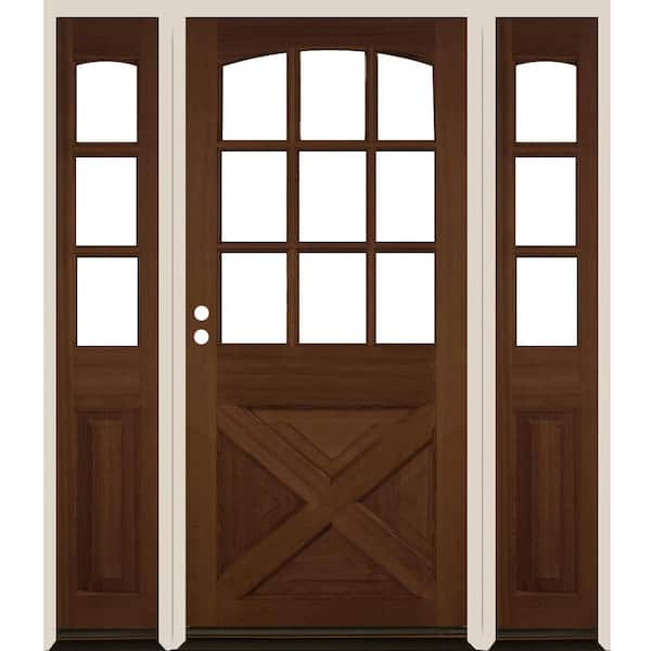 Krosswood Doors 64 in. x 80 in. Farmhouse X Panel RH 1/2 Lite Clear Glass Provincial Stain Hemlock Prehung Front Door with DSL