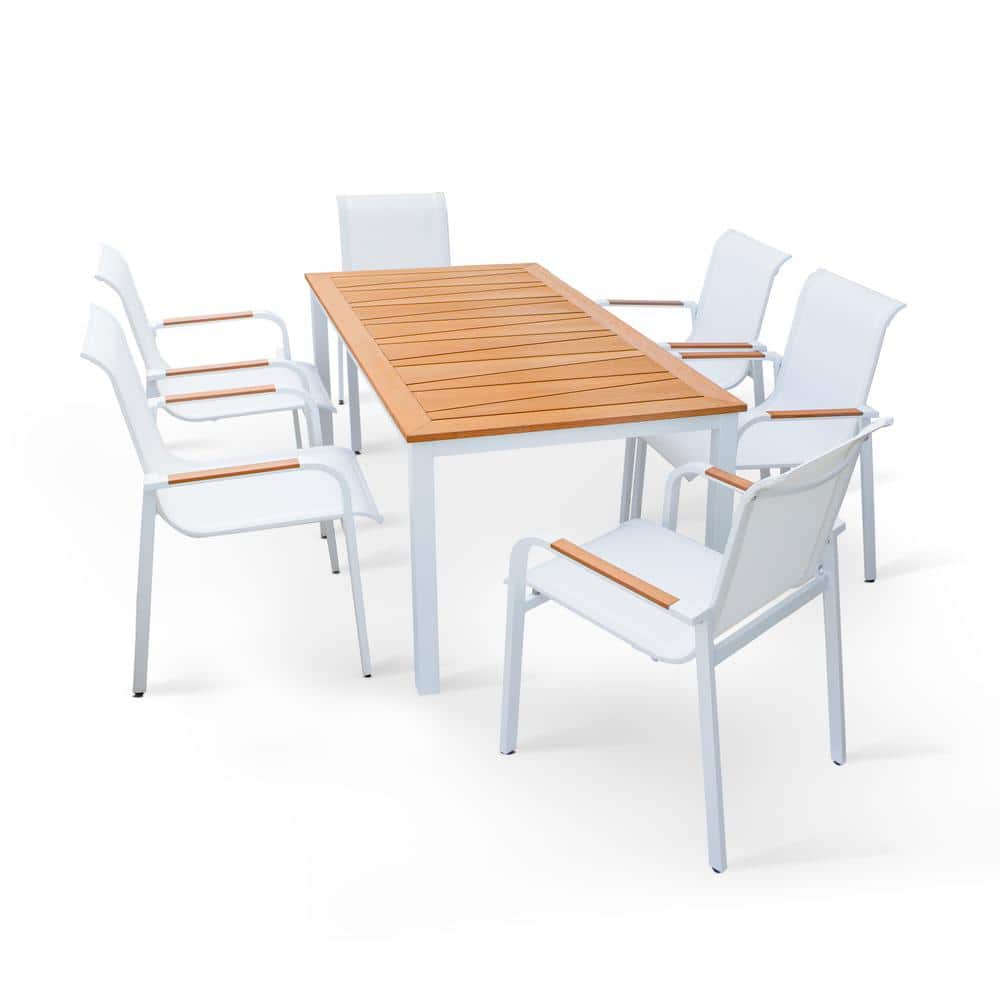 7-Pieces Wood Outdoor Dining Set Luxury Faux Tabletop and Arm-Rest Commerci