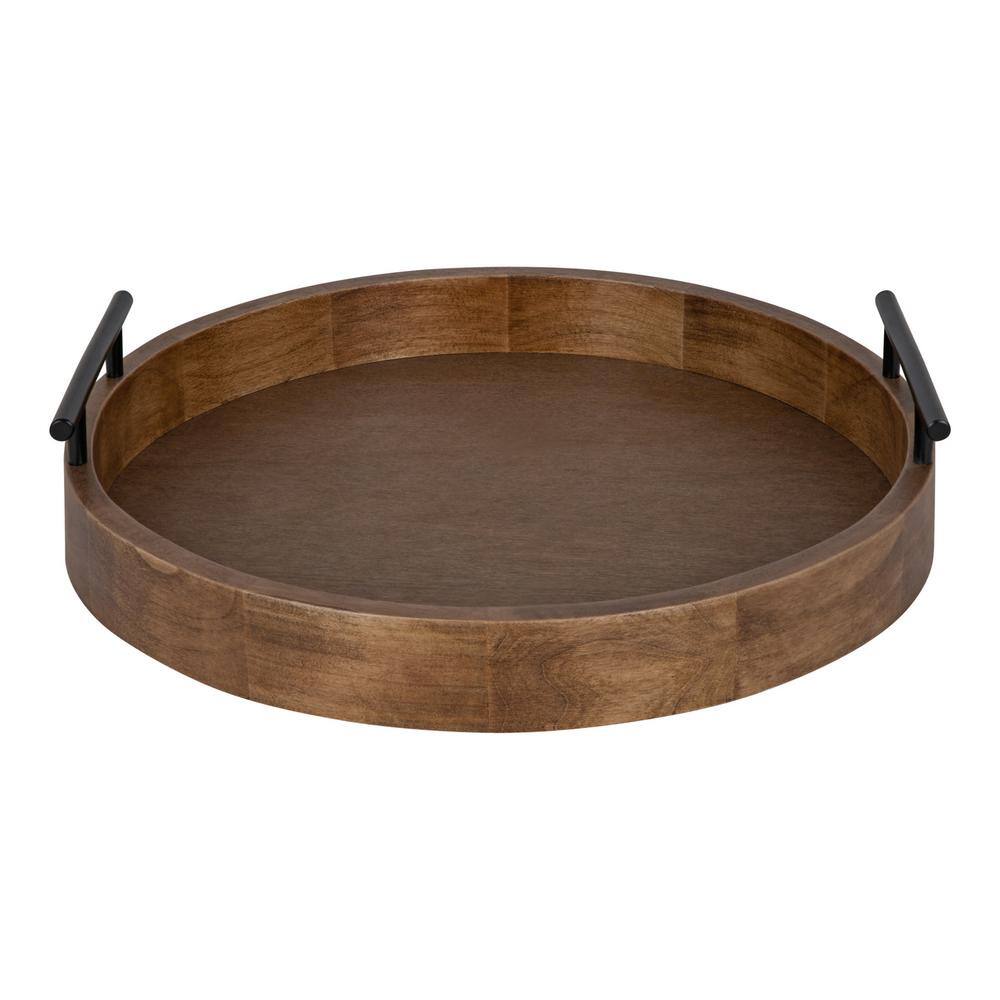 Rustic Brown Round Wood Tray with Black Metal Handles, 15.5" Diameter