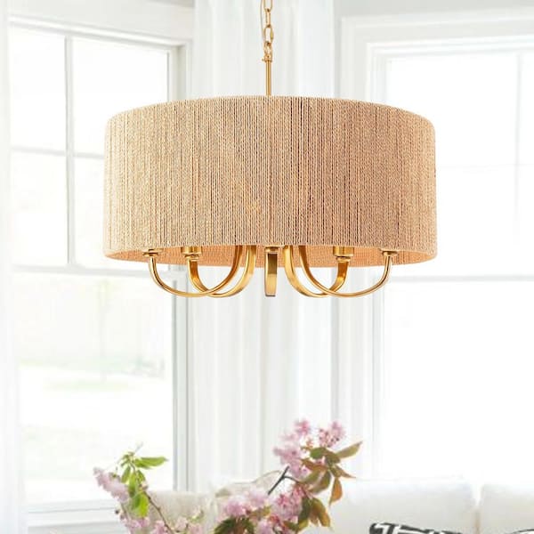 Collision 5-Light Gold Schoolhouse Chandelier with Wooden Paper Rope Shades