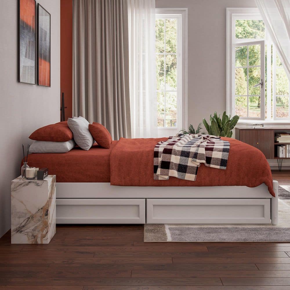 Barcelona White Full Wood Panel Platform Bed with Storage Drawers