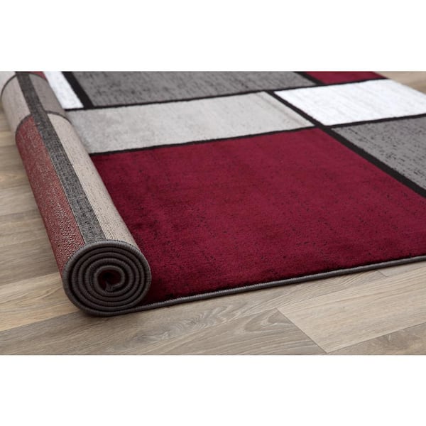 Contemporary Geometric Boxes Red Runner Rug 2 ft. x 7 ft. 2 in.