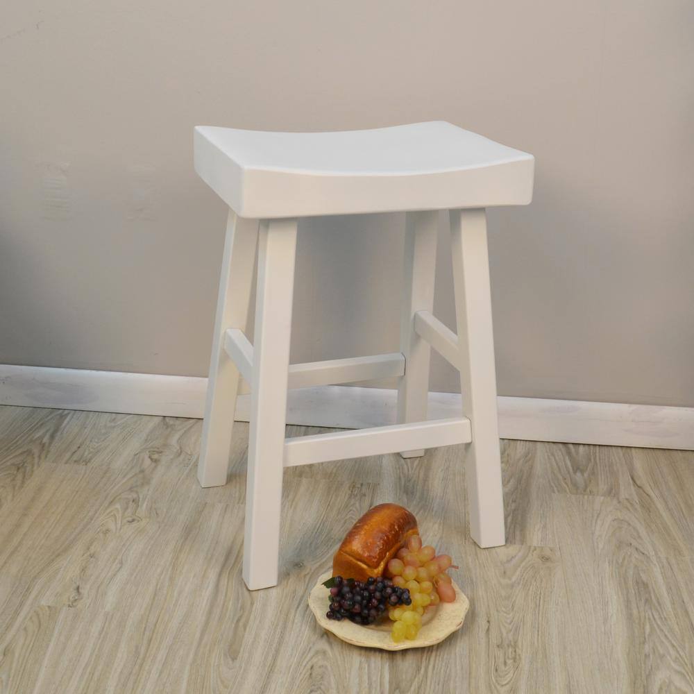 Antique White Wood Saddle Style Backless Counter Stool