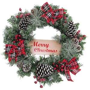 24 in. Artificial Christmas Wreath with Pinecones, Berries and Plaid Bows
