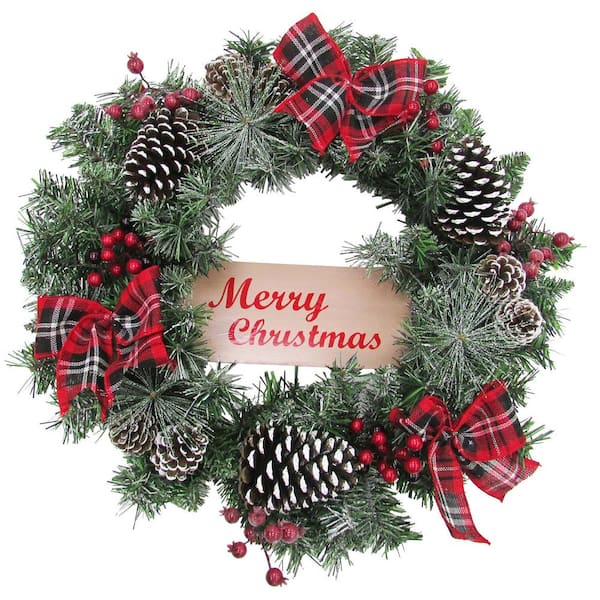 Fraser Hill Farm 24 in. Artificial Christmas Wreath with Pinecones, Berries and Plaid Bows