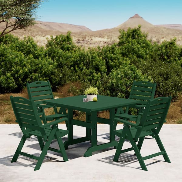 Laguna All Weather HDPE Plastic Outdoor 5-Piece Square Table Folding Highback Chairs Patio Dining Set, Dark Green