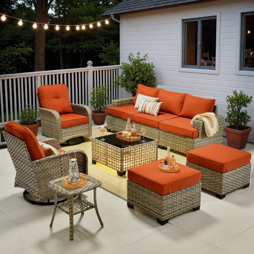 Tiberte Gray 9-Piece Wicker Outdoor Sectional Set with Orange Red Cushions and Solar LED Coffee Table price history on PriceWatchPro
