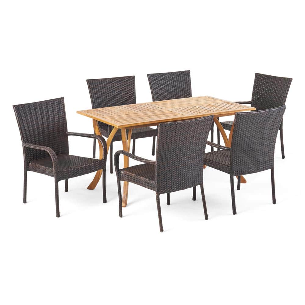 Noble House Guillermo 7-Piece Wood and Faux Rattan Outdoor Dining Set with Stacking Chairs -  41747