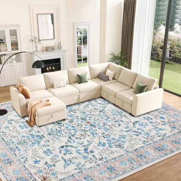 8 ft. x 10 ft. Blue Floral Pattern Washable Soft, Non Slip Low Pile, for Living Room, Bedroom, Dining Room Area Rug