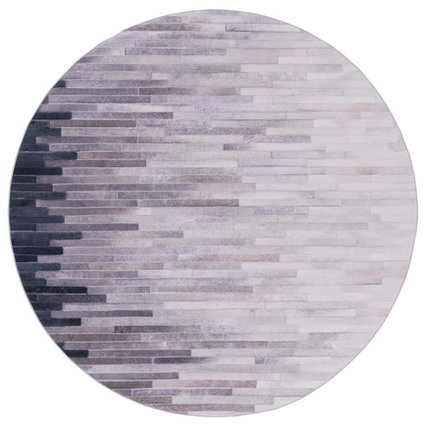 SAFAVIEH Faux Hide Ivory/Gray 6 ft. x 6 ft. Machine Washable Plaid Gradient Round Area Rug