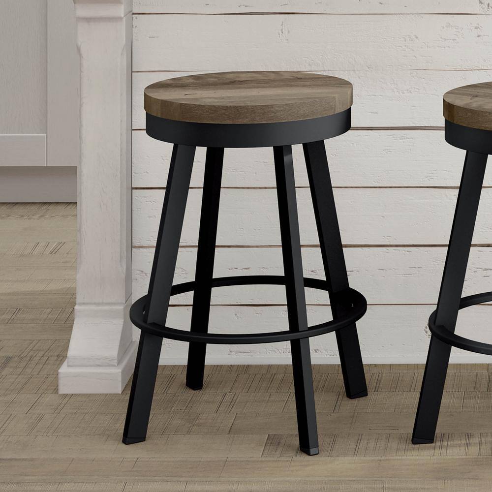 Beige Distressed Birch & Black Metal 33" Swivel Bar Stool