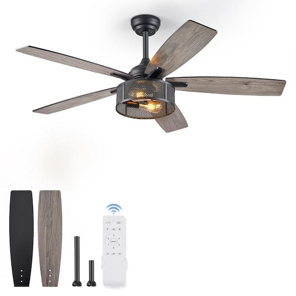 52 in. Indoor Black Dual-Finish Blades Downrod caged Ceiling Fan with Light and Remote Control