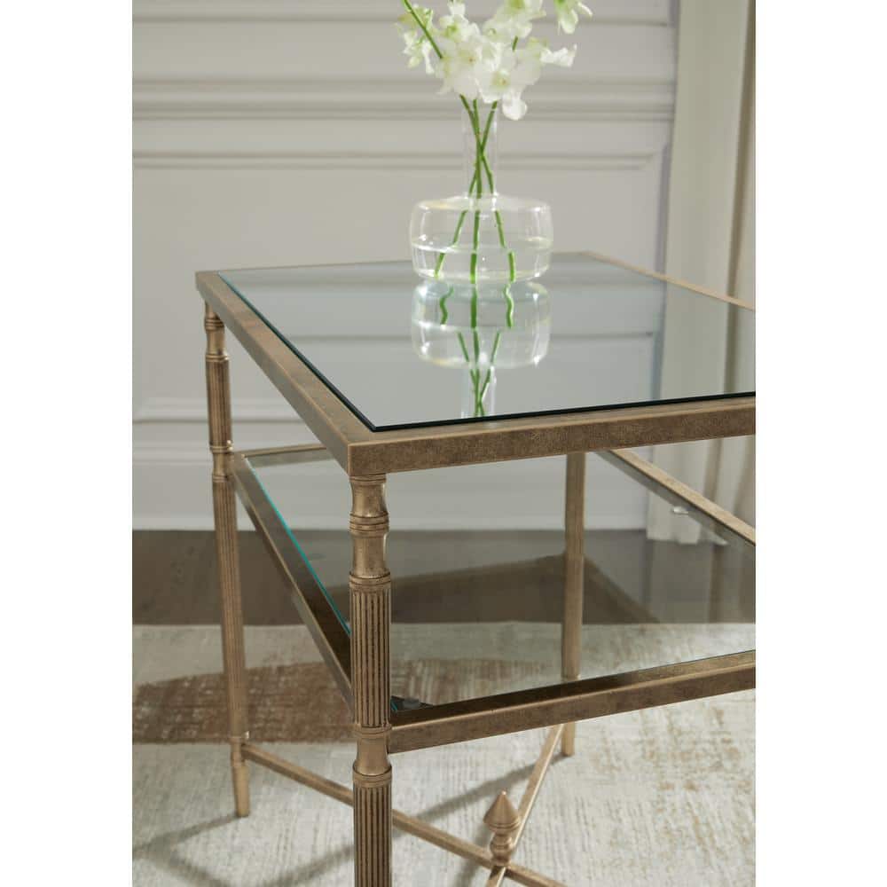 Gold Rectangular Glass and Metal End Table with Mirror Shelf